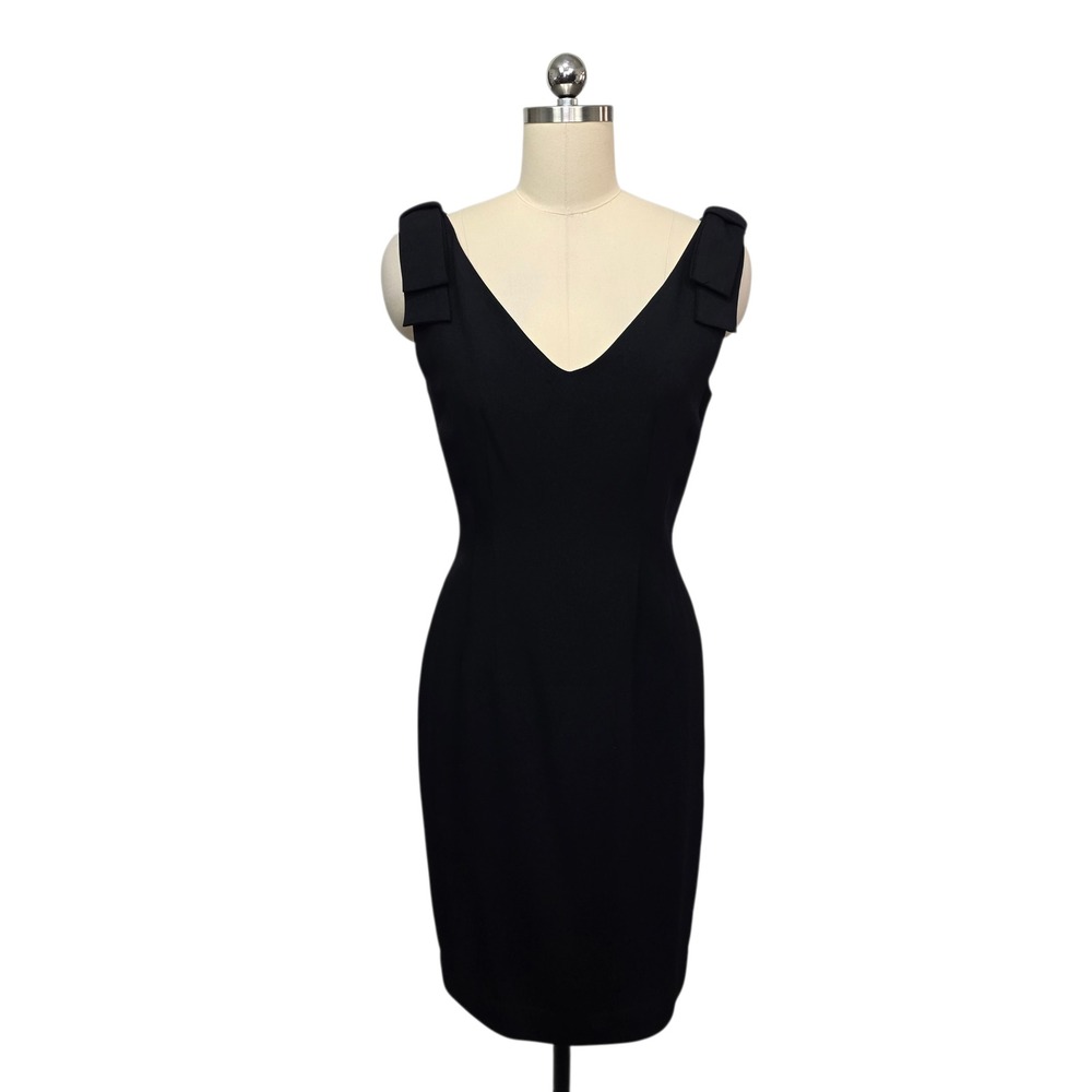 Vintage Nicole Miller Black V Neck Sheath Dress Bow Detail Women Size 4 Formal